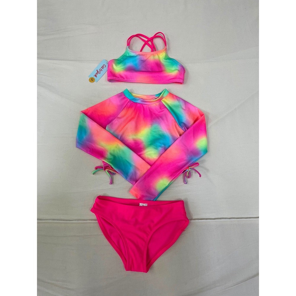 Cat & Jack Girls 3pc Rainbow Rash Guard Bikini Swimsuit Set Pink M 8 PID-547883